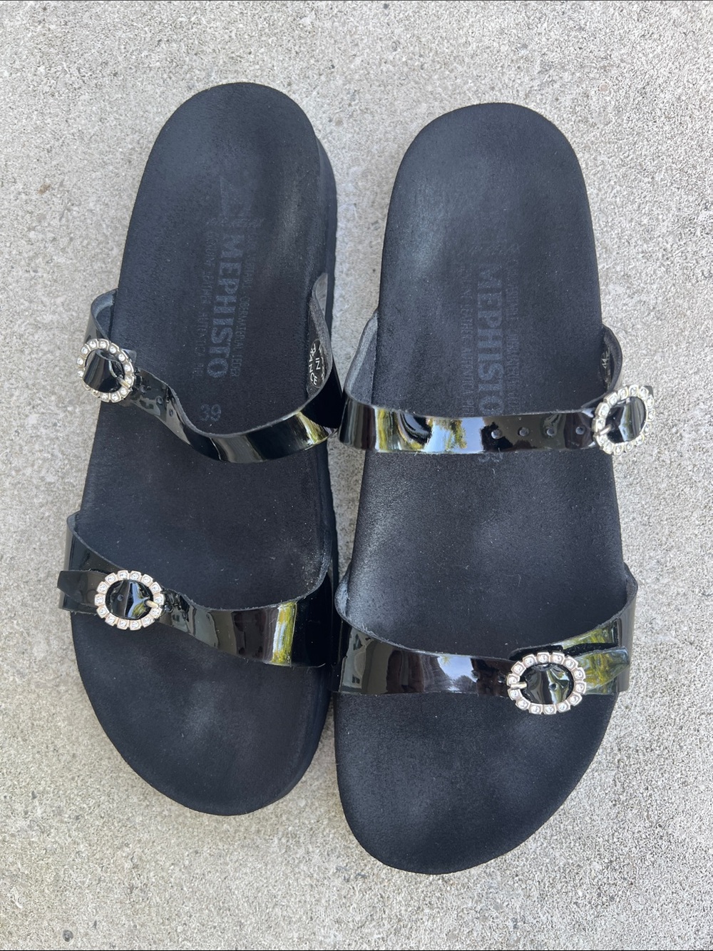 Mephisto Women's Black Patent Slide Sandals with Rhinestone Buckles